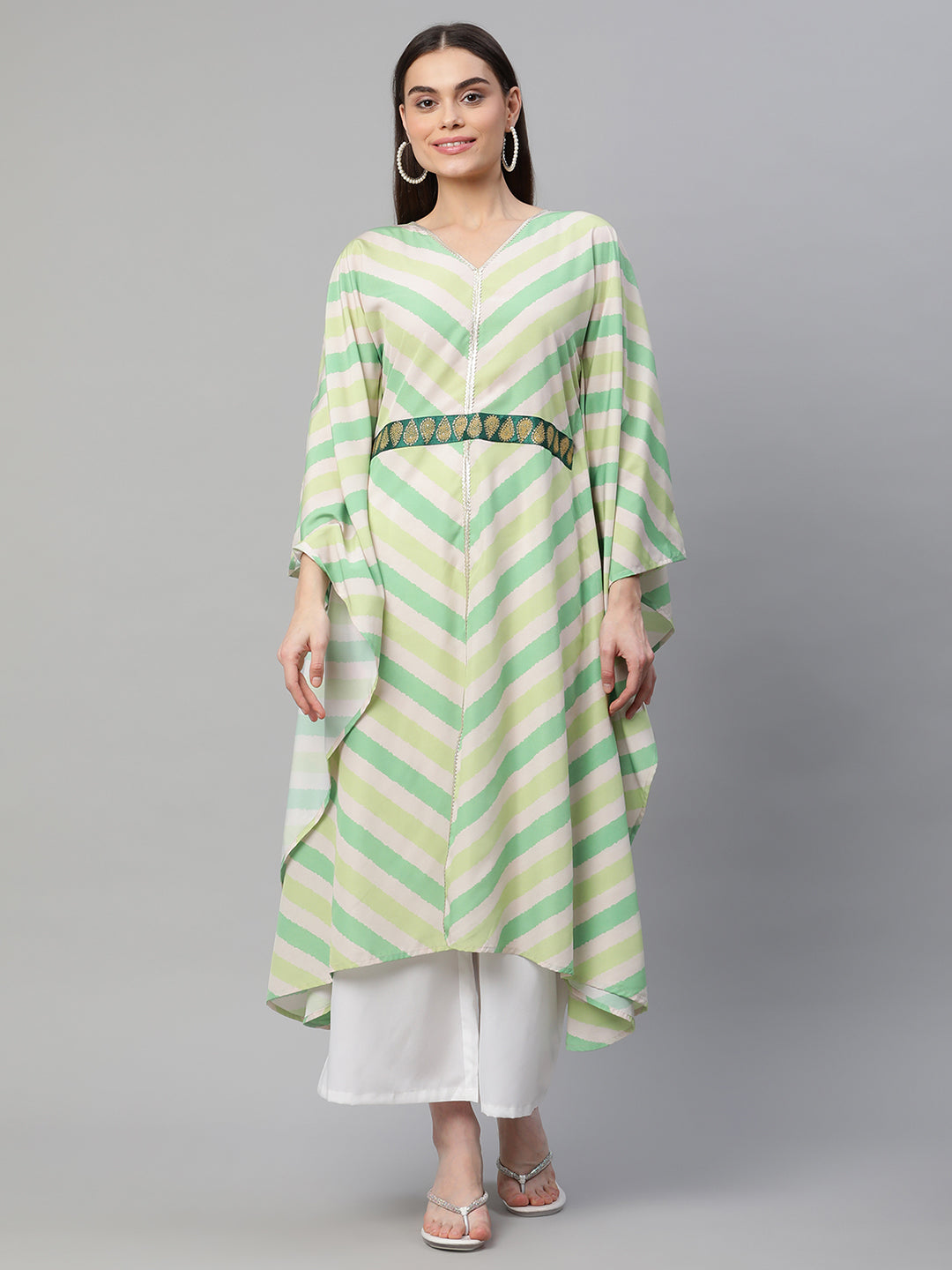 Women's Green Crepe Digital Printed Flared Sleeve Kaftan Kurta - Ahalyaa