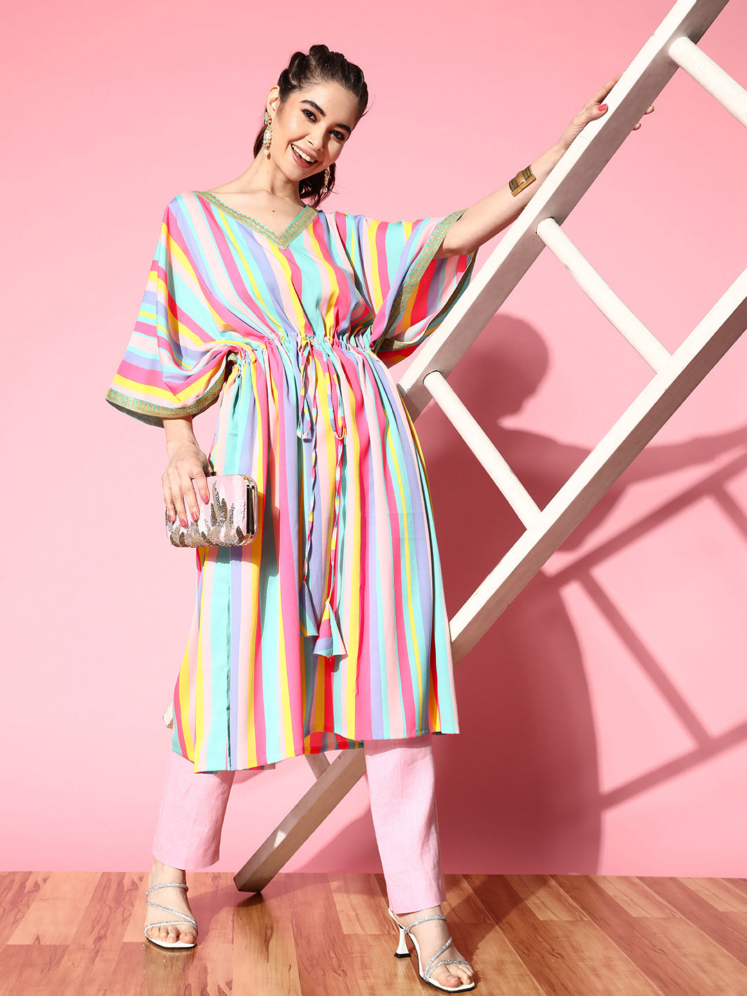 Women's Multi Striped Crepe Kaftan - Ahalyaa