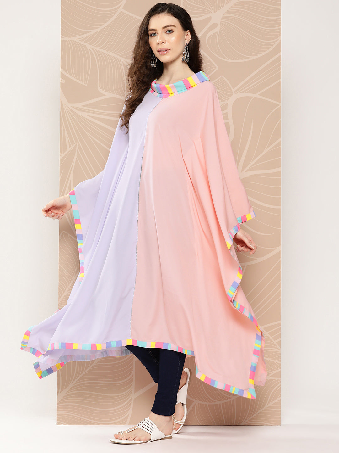 Women's Colourblocked Flared Sleeves Gotta Patti Crepe Kaftan Kurta - Ahalyaa