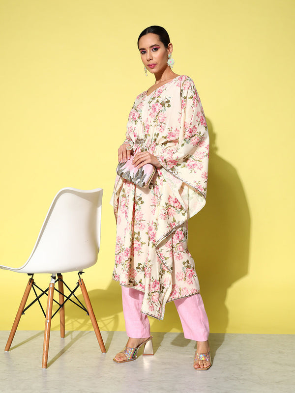 Jashvi Women Floral Printed Flared Sleeves Gotta Patti Floral Crepe Kaftan Kurta