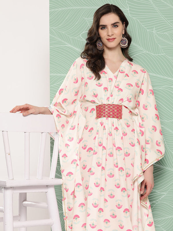 Jashvi Women Floral Printed Flared Sleeves Gotta Patti Crepe Kaftan Kurta