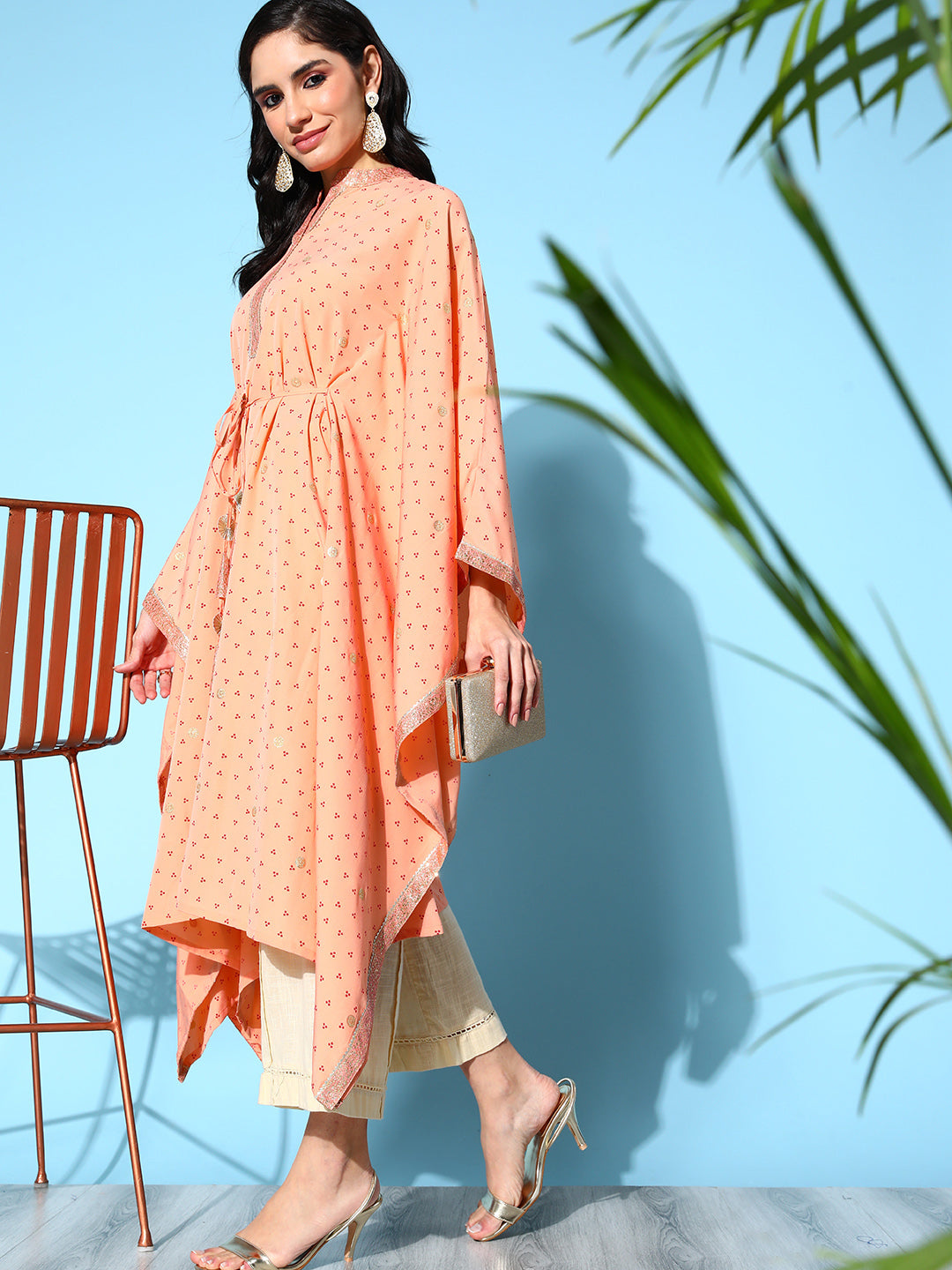 Women's Peach Crepe Printed Kaftan Kurta - Ahalyaa