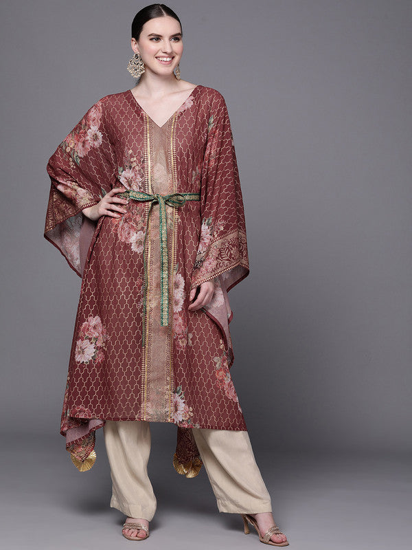 Women's Maroon Floral Printed Flared Sleeves Kaftan Kurta - Ahalyaa