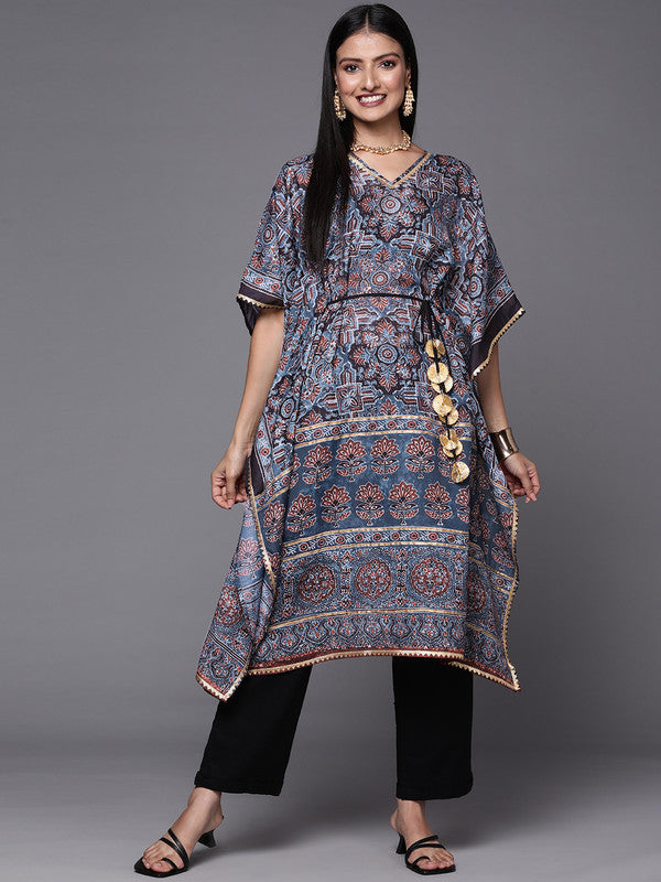 Women's Navy Blue & Maroon Floral Print Kaftan Kurta - Ahalyaa