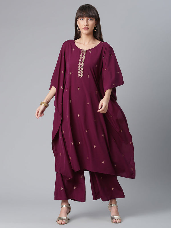 Wine and Gold Glitter Print Kaftan with Palazzo