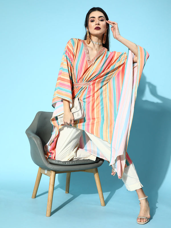 Multi Color Striped Printed Kaftan Kurta With Trousers