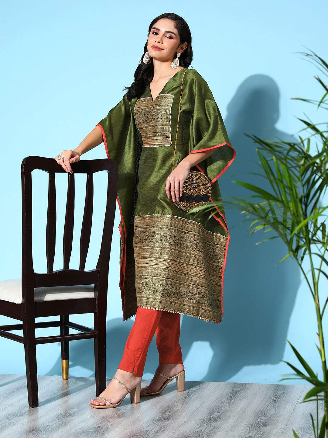 Women's Mehendi Poly Silk Gold Printed Kaftan Kurta - Ahalyaa