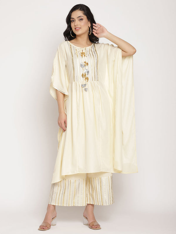 Women's Off White Printed Gotta Patti Kaftan Style Kurta With Palazzos- Ahalyaa