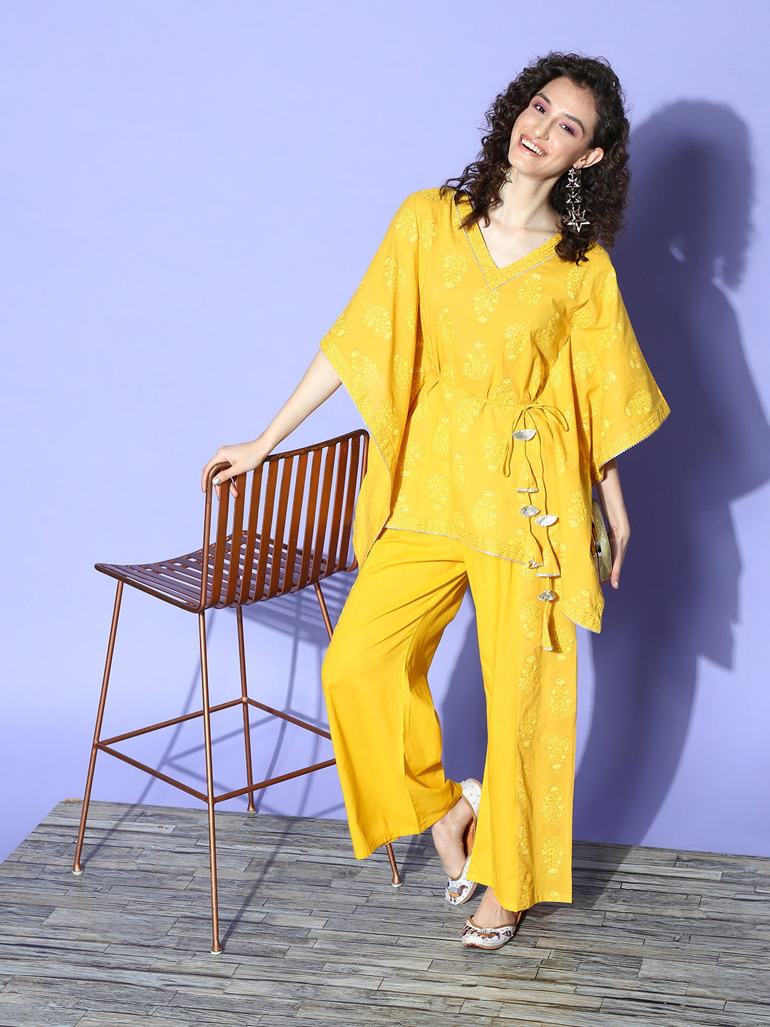 Women's Mustard Floral Printed Pure Cotton Kaftan Palazzo Set - Ahalyaa