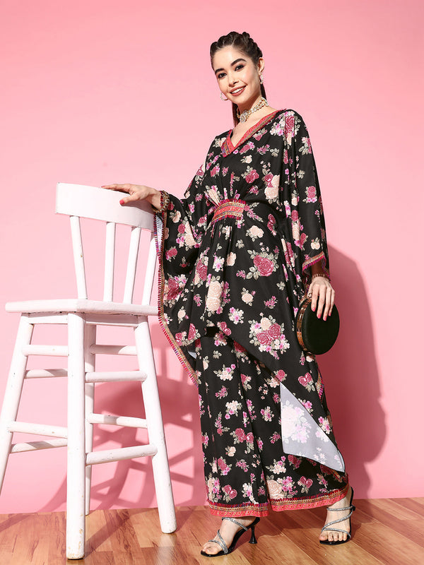 Black Floral Printed Gotta Patti Kurta with Palazzos