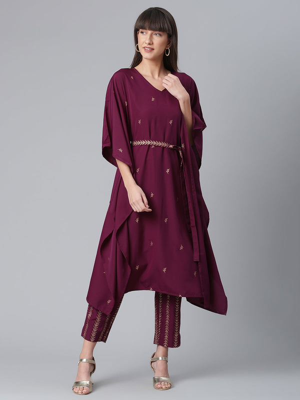 Women's Crepe Wine Kaftan With Bottom  - Ahalyaa