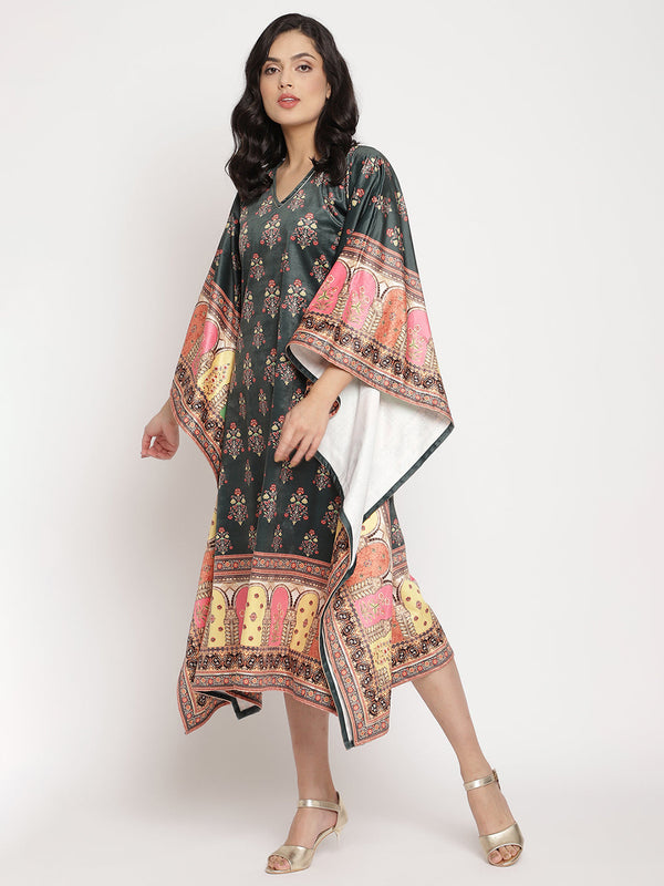 Women's Dark Green Digital Print Velvet Kaftan- Ahalyaa