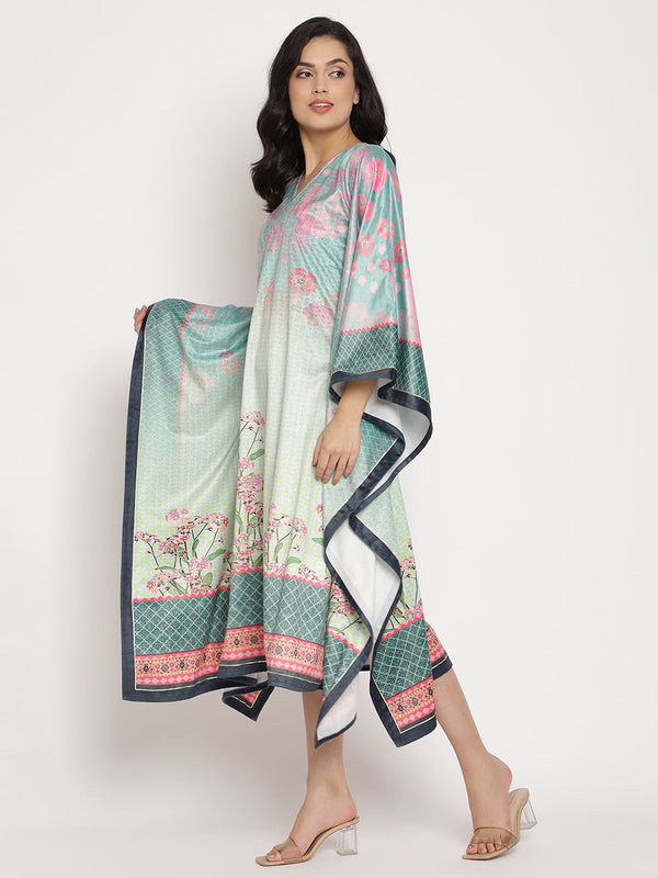 Women's Sea Green Digital Print Velvet Kaftan- Ahalyaa