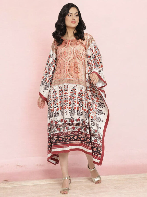 Beige Digital Print Velvet Kaftan