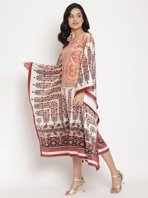 Women's Beige Color Digital Print Velvet Kaftan- Ahalyaa