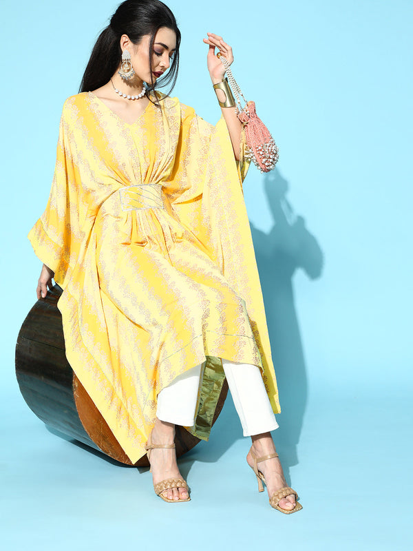 Yellow Printed Rayon Kaftan Kurta