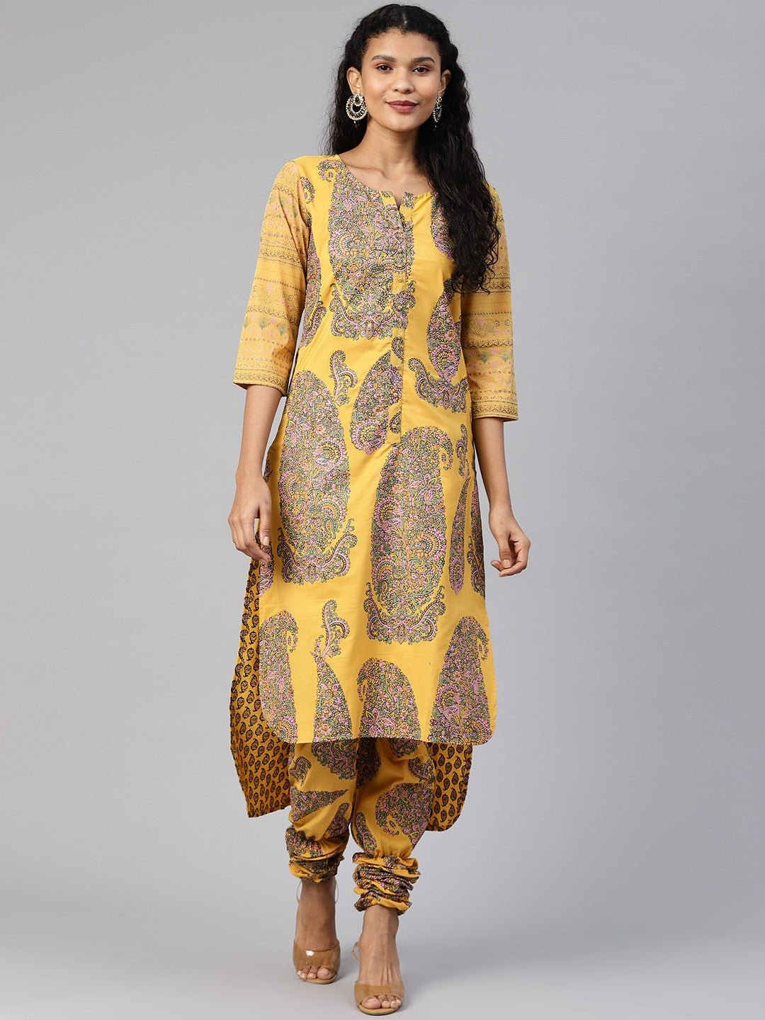 Women's Mustard Crepe Printed Kurta Churidar Set - Ahalyaa