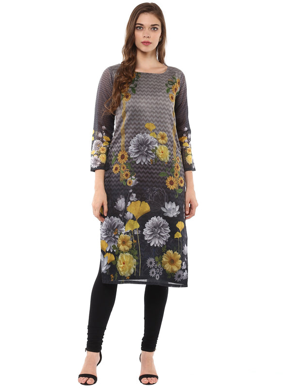 Women's Digital Printed Floral Black Chanderi Only Kurta - Ahalyaa