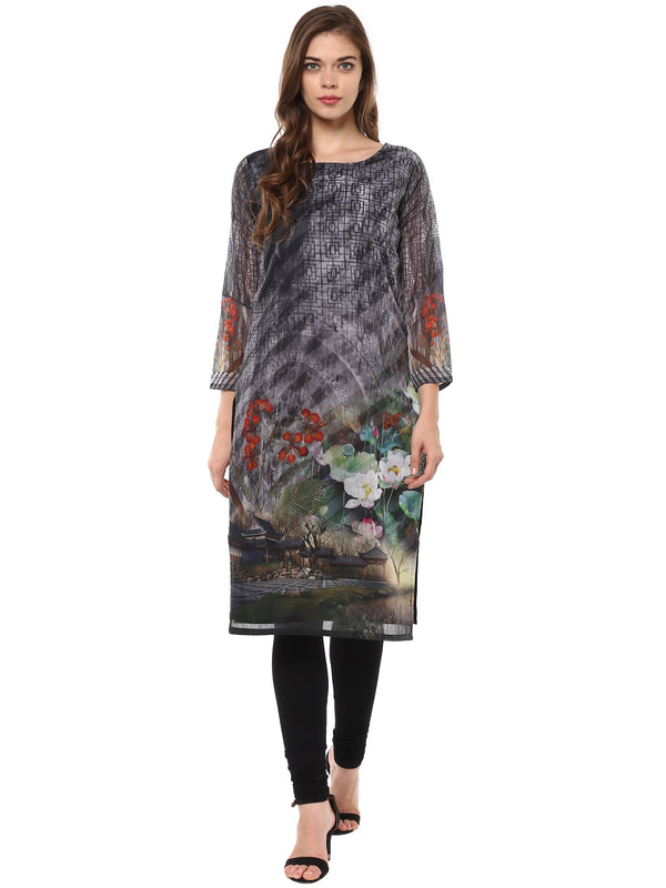 Women's Digital Printed Zen Black Chanderi Only Kurta - Ahalyaa