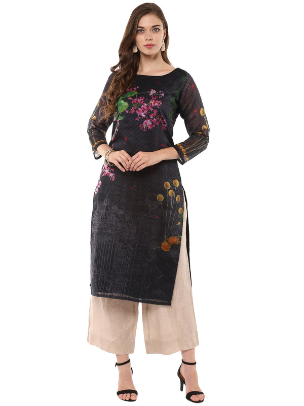 Women's Digital Printed Black Chanderi Floral Only Kurta - Ahalyaa