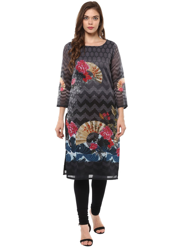 Women's Black Chanderi Zen Inspired Only Kurta - Ahalyaa