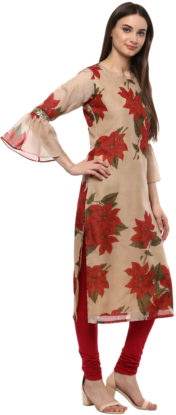 Women's Beige Chanderi Floral Digital Print Kurta - Ahalyaa