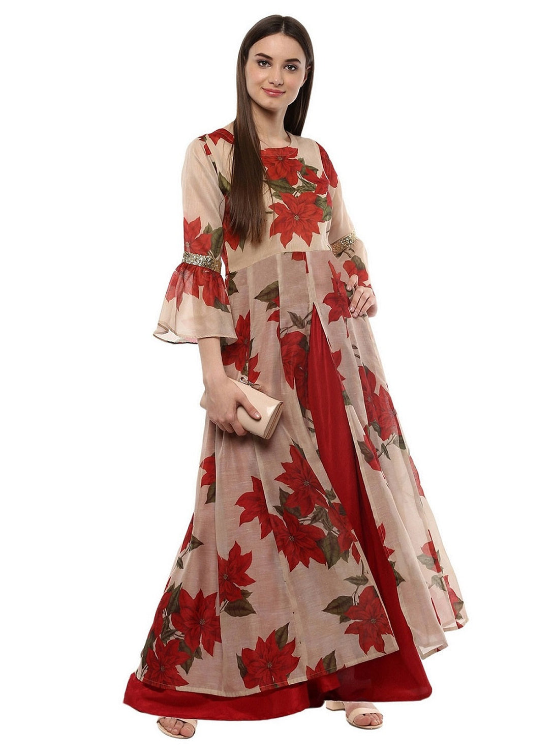 Women's Beige Chanderi Digital Print Long Kurta Dress - Ahalyaa