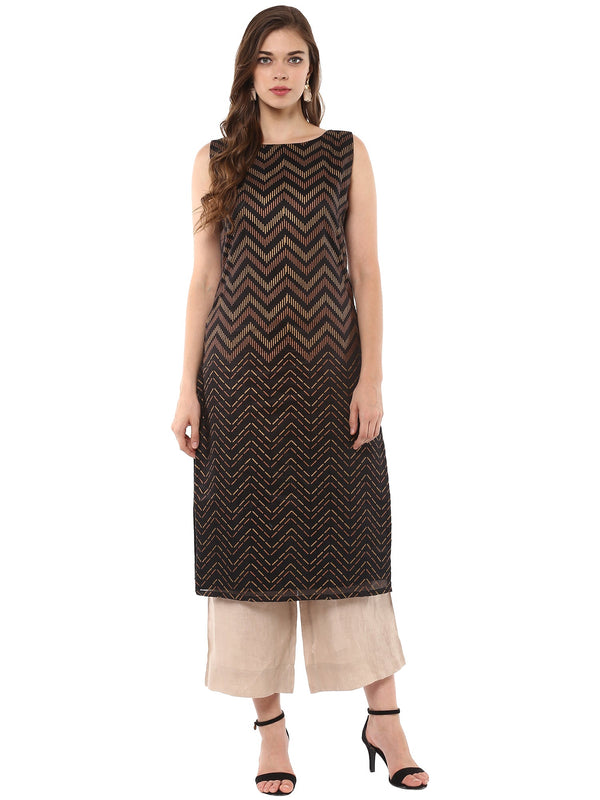 Women's   Black Party Wear Metallick Gold Copper Print Chevron Only Kurta - Ahalyaa