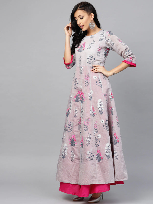 Women's  Grey & Pink Floral Printed Layered Front Slit Maxi Dress- Ahalyaa