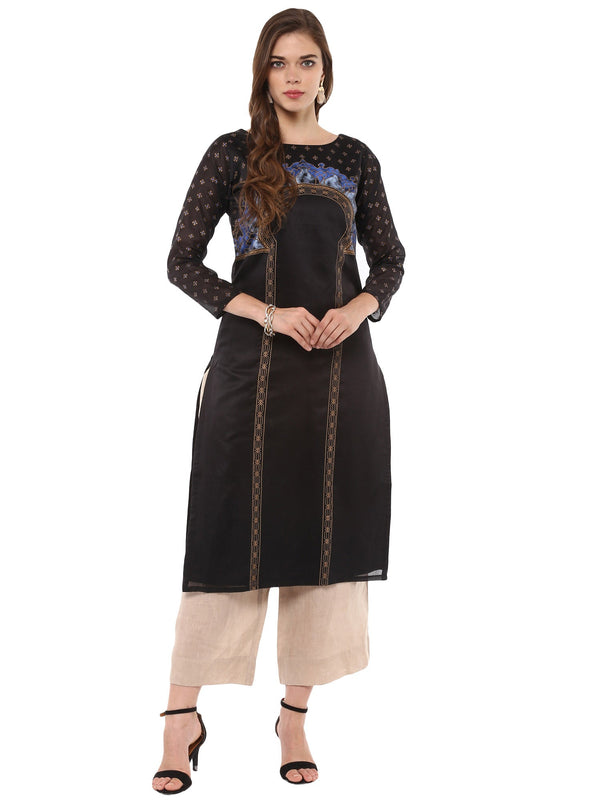 Women's Black And Gold Print Chanderi Full Sleeves Only Kurta - Ahalyaa