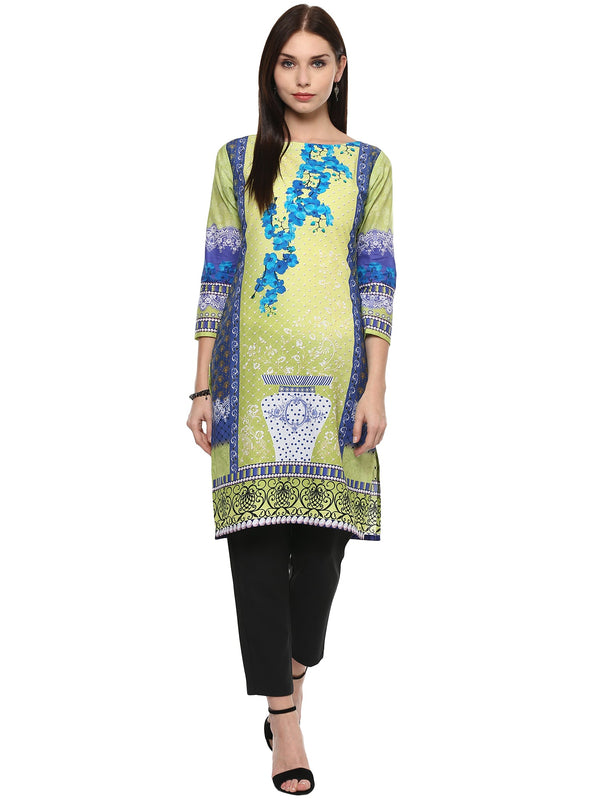 Women's Lemon Green Floral Pakistani Cotton Only Kurti - Ahalyaa