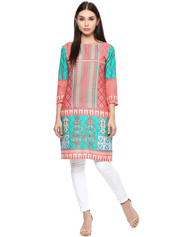 Women's Peach Sea Green Jaipur Print Cotton Only Kurti - Ahalyaa