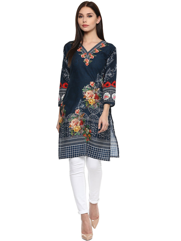 Women's Navy Blue Floral Pakistani Cotton Only Kurti - Ahalyaa