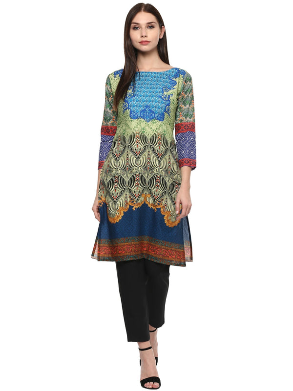 Women's Lime Green Digital Printed Cotton Only Kurti - Ahalyaa