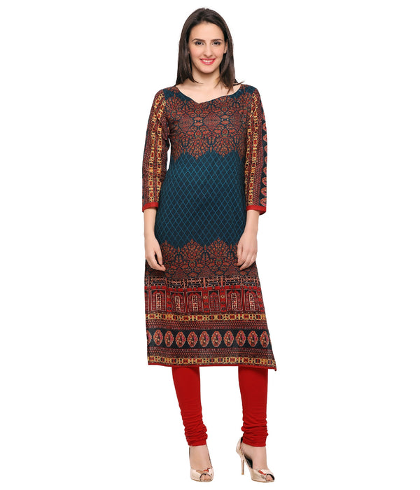 Women's Dark Blue Printed Cotton Only Kurti - Ahalyaa