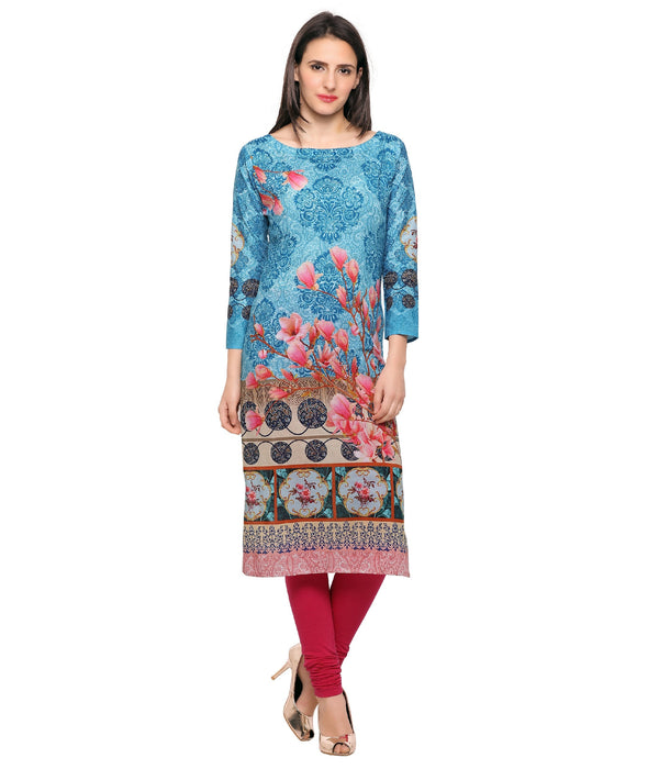 Women's Blue & Pink Floral Damask Digital Printed Cotton Only Kurti - Ahalyaa