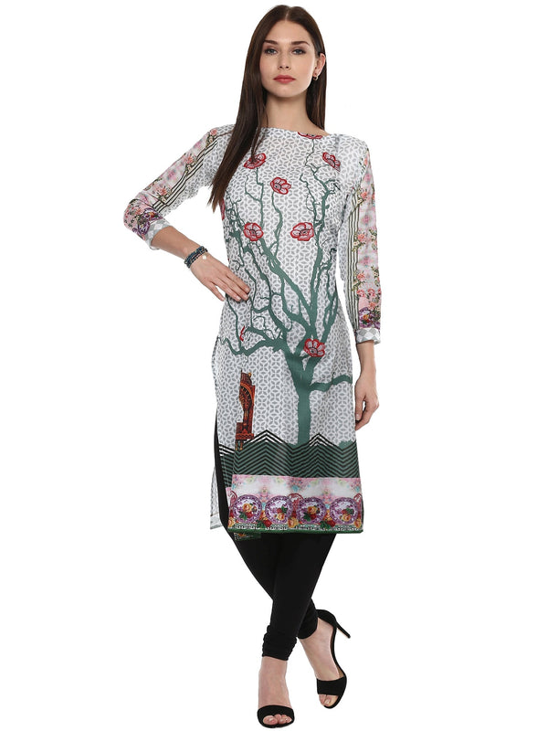 Women's Grey And White Digital Printed Cotton Only Kurti - Ahalyaa