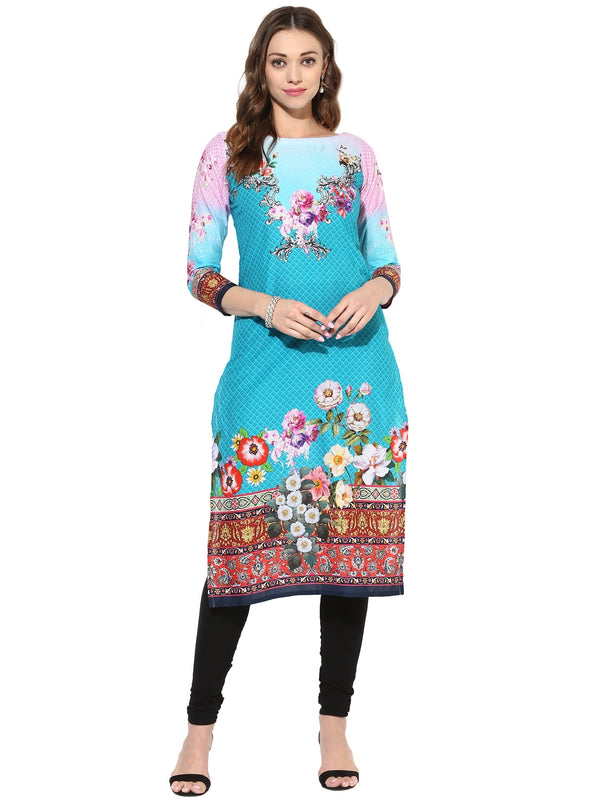 Women's Blue Pink Floral Digital Printed Cotton Only Kurti - Ahalyaa