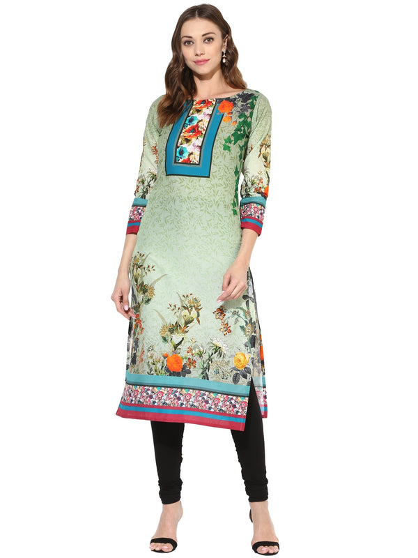 Women's Floral Cotton Green Only Kurti With 3/4Th Sleeves - Ahalyaa