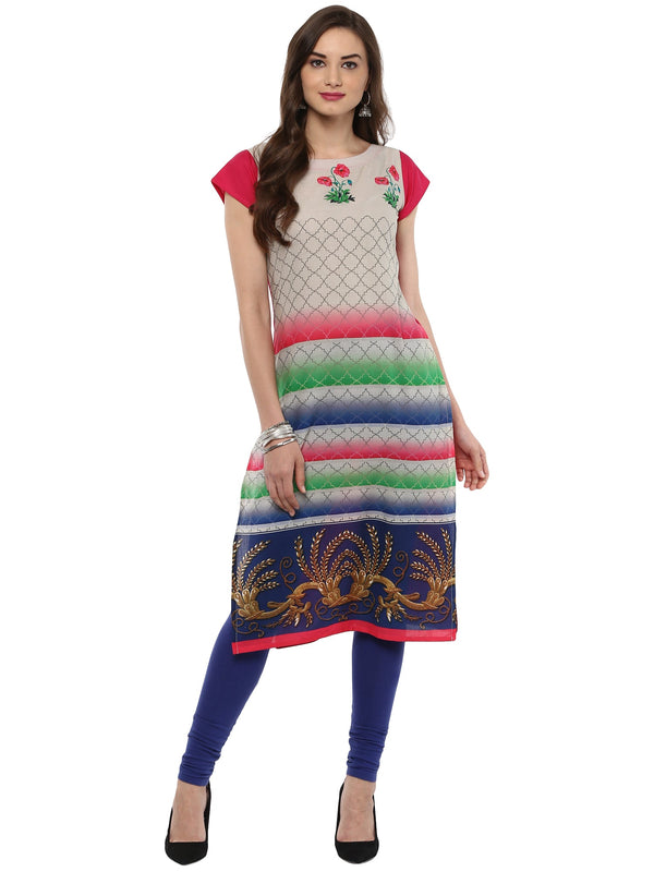 Women's Multi Colored Cap Sleeve And Boat Neck Cotton Only Kurti - Ahalyaa