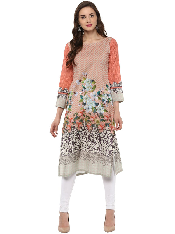 Women's Peach Printed Cotton Floral Pakistani Only Kurta - Ahalyaa