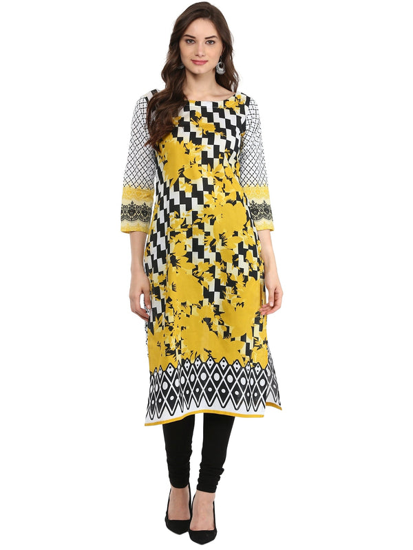 Women's Black & White Checkered Floral Yellow Cotton Printed Only Kurti - Ahalyaa