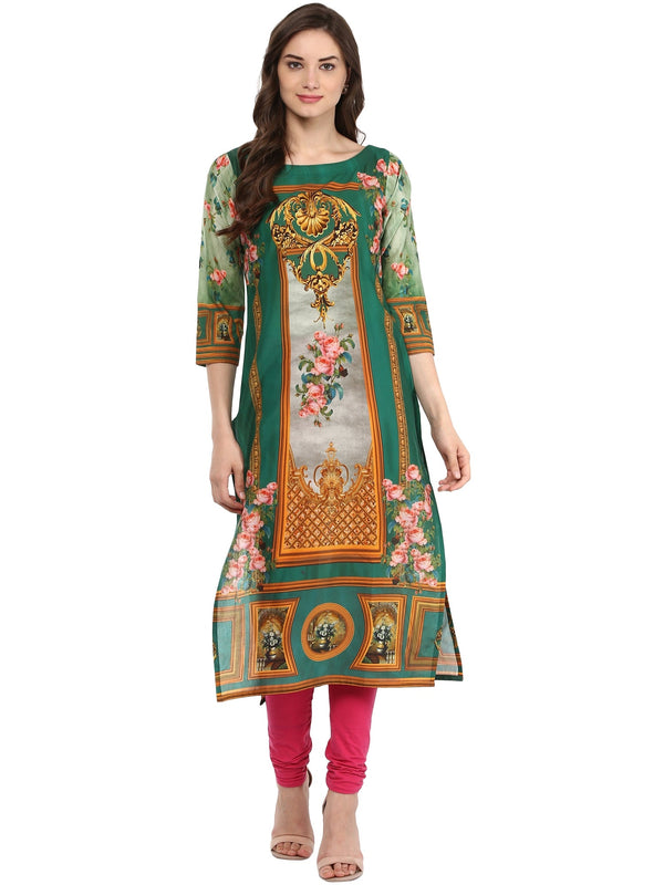 Women's Dark Green Floral Victorian Cotton Digital Printed  Only Kurti - Ahalyaa