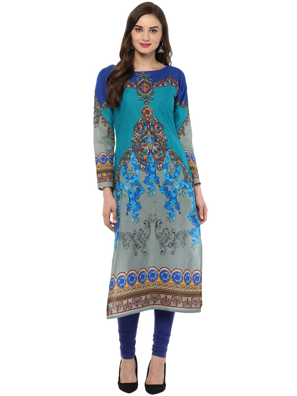 Women's Blue Grey Digital Printed Cotton Only Kurti - Ahalyaa