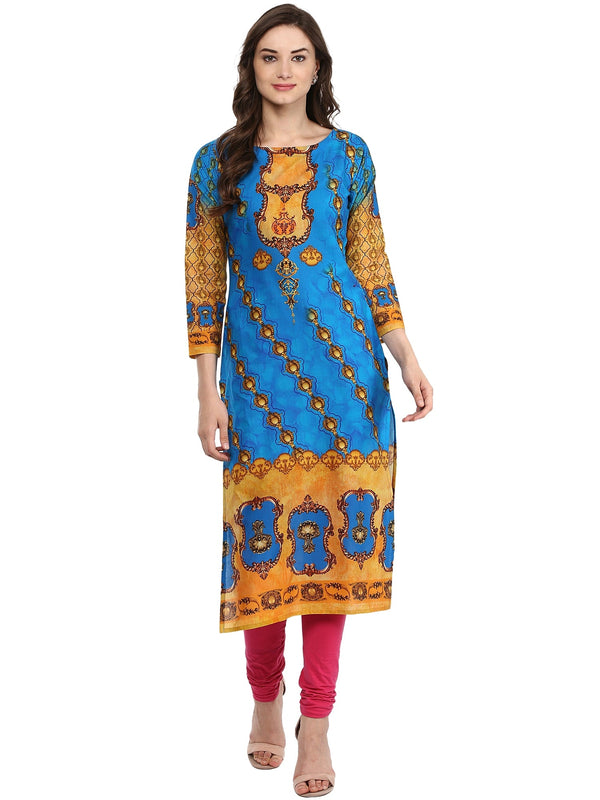 Women's Blue Colored 3/4Th Sleeve And Boat Neck Cotton Only Kurti - Ahalyaa