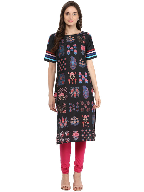 Women's Black Kashmiri Motif Print Cotton Only Kurti - Ahalyaa