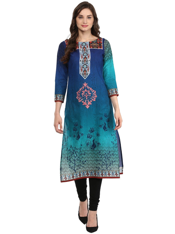 Women's Shades Of Blue Cotton Printed Only Kurti - Ahalyaa