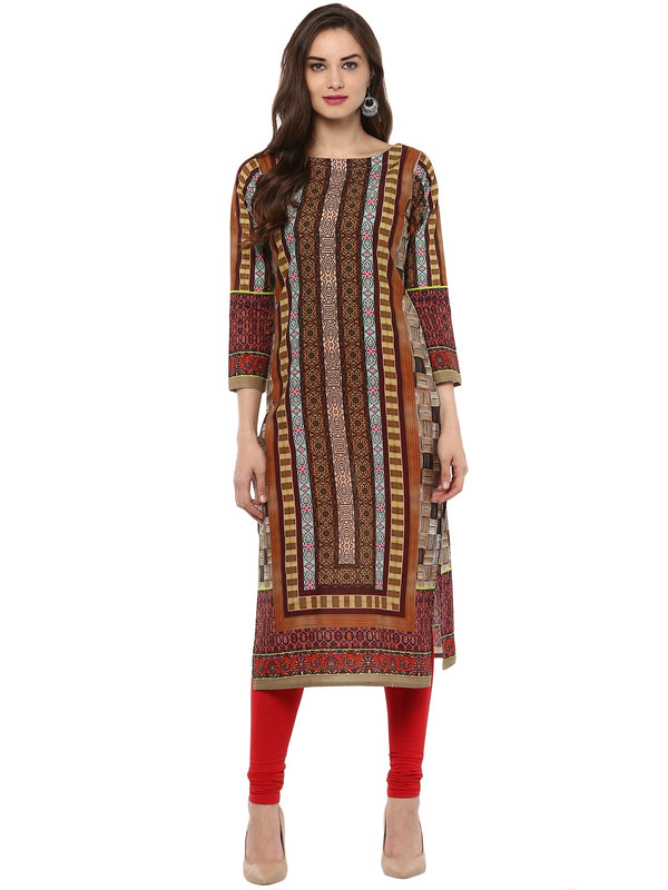 Women's Brown Cotton Digital Printed 3/4Th Sleeve Only Kurti - Ahalyaa