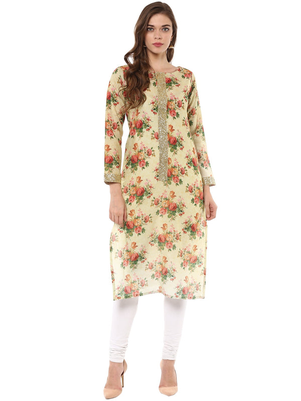 Women's Floral Cotton Partywear Straight Only Kurta - Ahalyaa