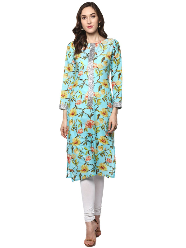 Women's Floral Cotton Partywear Straight Only Kurta With Silver Border - Ahalyaa